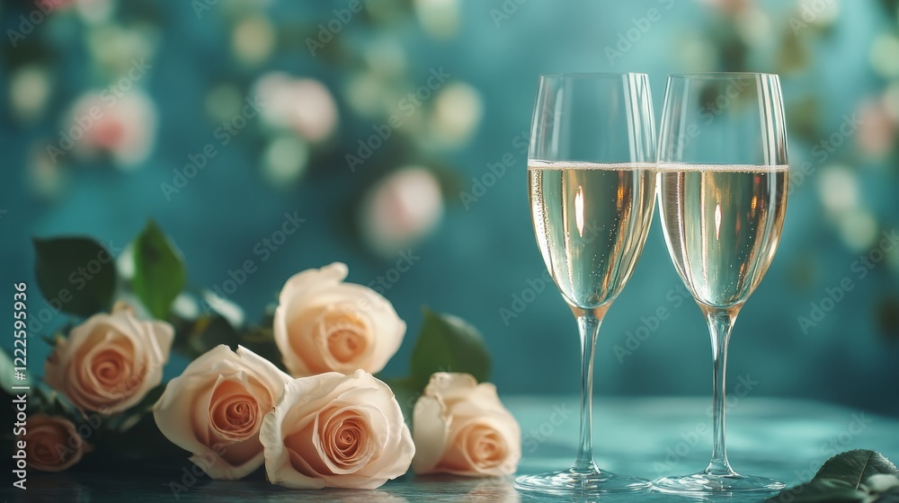 romantic dinner and two glasses of champagne, Generative AI, romantic dinner and two glasses of champagne, Generative AI,