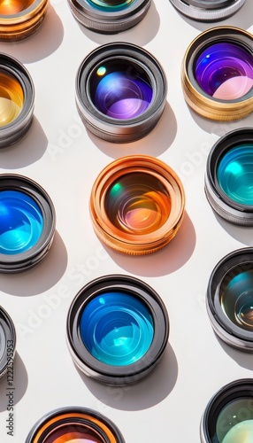 Variety Of Colorful Camera Lenses, Photography Equipment, Technology Background, Macro View