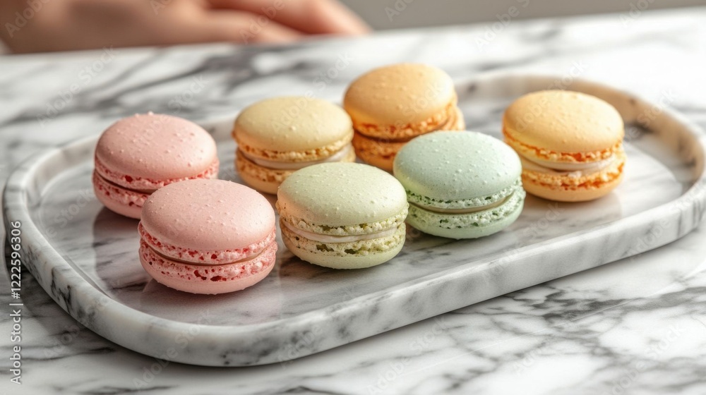 Colorful macarons on a marble tray. Colorful macarons on a marble tray.