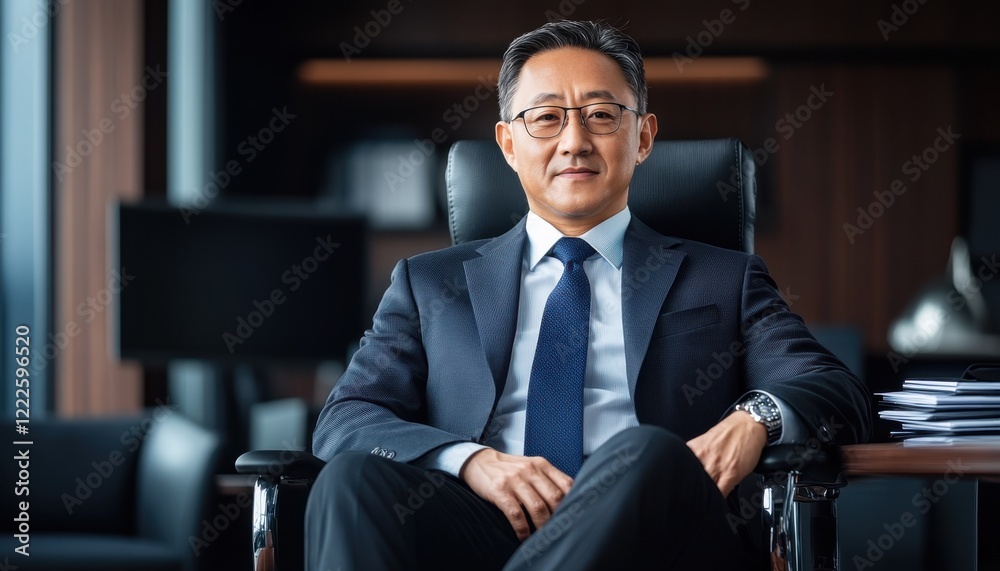 A confident businessman sits in an office chair, wearing a suit and glasses, exuding professionalism and leadership. A confident businessman sits in an office chair, wearing a suit and glasses, exuding professionalism and leadership.