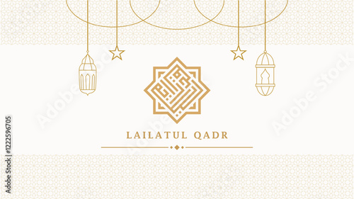 Lailatul Qadr greeting card banner template with Pattern and Calligraphy Golden Luxury Ornamental. Translate: Generous Ramadan, Blessed Month	