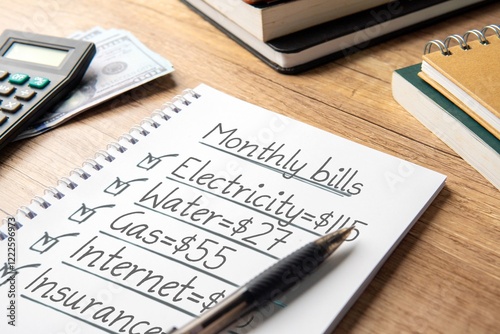 A close-up image of a notebook with a handwritten monthly bills list. Household budget planning and personal finance management concept.