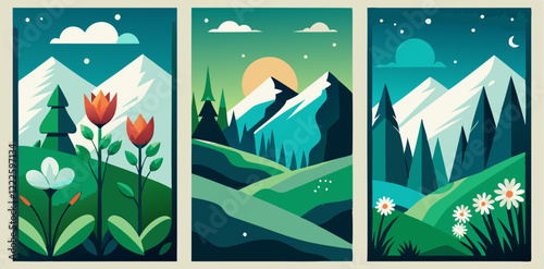 Spring nature posters collection with mountains and flowers
