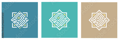 Eid Mubarak Kufi Arabic calligraphy designs with geometric patterns vector illustration. ideal for Eid Fitr decorations, greeting cards, and posters