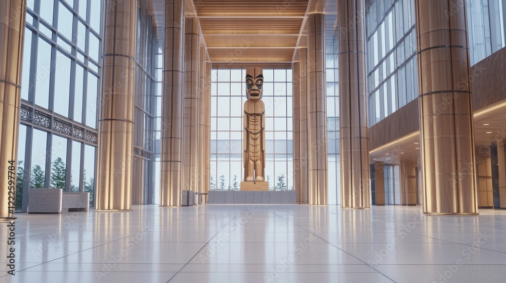 Obraz premium Totem Elegance in Modern Glass High-Rise Lobby with Baroque Sconces - Cinematic and Ultra-Detailed Image