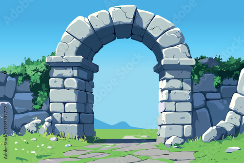 Ancient rock arche background. Landscape scenery with old wall door. Architecture entrance historical mediaeval archway doorway. Cartoon style vector illustration