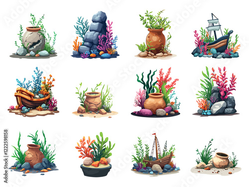 Aquarium decorations set. Aqua accessory composition with seaweeds coral and marine stones undersea ship broken clay vessel. Aqua decor equipment. Cartoon style isolated vector clipart collection