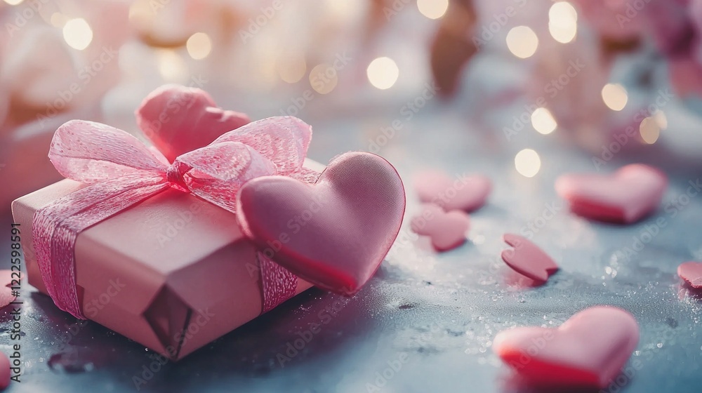 Obraz premium A beautifully wrapped gift lies among heart-shaped decorations, embodying love and enhancing the romantic atmosphere of Valentine's Day celebrations