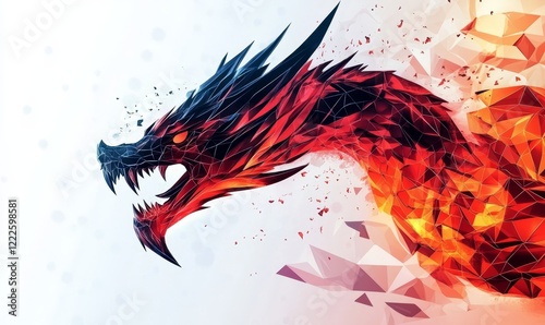 Ferocious Red and Black Dragon Head Illustration Roaring Amidst Fiery Abstract Background - Fantasy Creature Art for Mythical Concepts, Generative AI