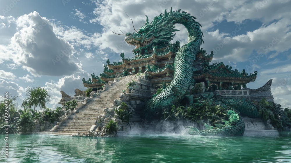 Obraz premium Mystical Fusion: Chinese Dragon Embracing Mayan Pyramid with Water Reflections - Ultra-Detailed Cinematic Image