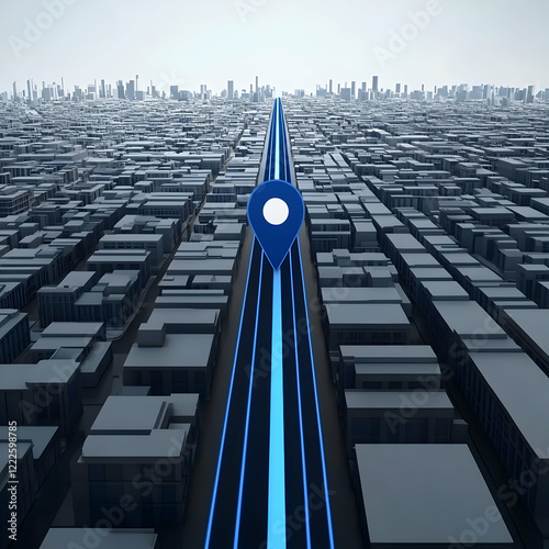 3D Illustration: Location Pin on Glowing Blue Road through Futuristic City Grid