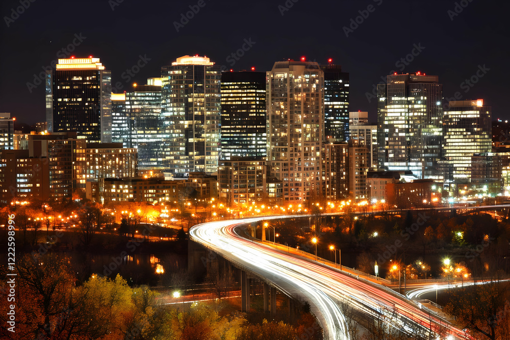 Illuminated cityscape at night with light trails across bridge and river. Illuminated cityscape at night with light trails across bridge and river.