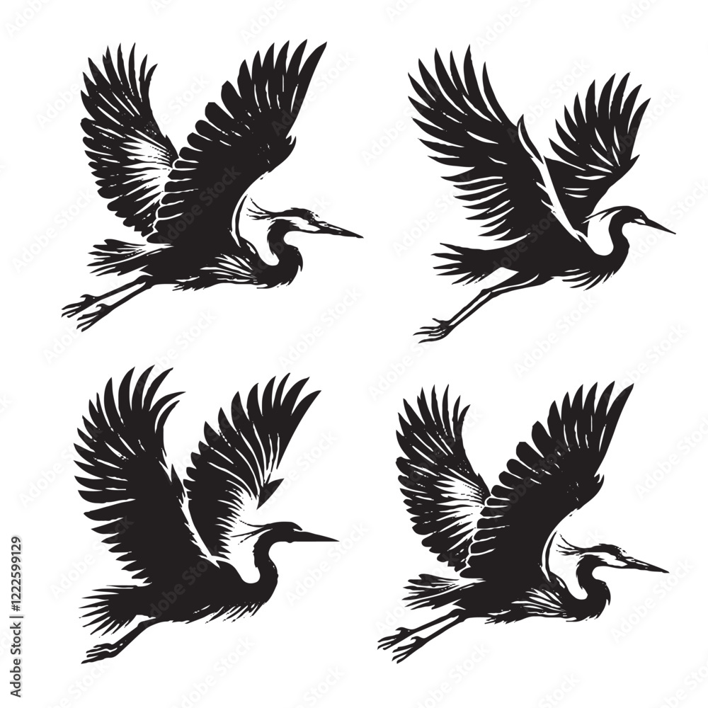 Obraz premium Vector Silhouette of a Flying Heron on White Background