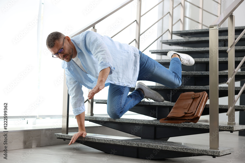 Fototapeta premium Man falling on stairs in building. Dangerous accident