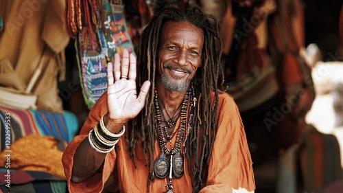 A person with dreadlocks wearing vibrant orange clothing and colorful bracelets waves at the camera with a welcoming smile. The scene captures authentic cultural atmosphere and positive energy