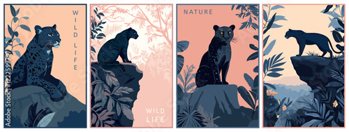 Calm elegant panther on the edge of a cliff vertical posters set. Undomesticated animal mammal in the wild. Cartoon style vector illustration