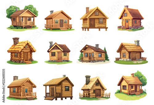 Camp wooden chalet. Countryside rural resort residential building. Camping nature real estate simple house bungalow hut. Cartoon style isolated vector clipart collection