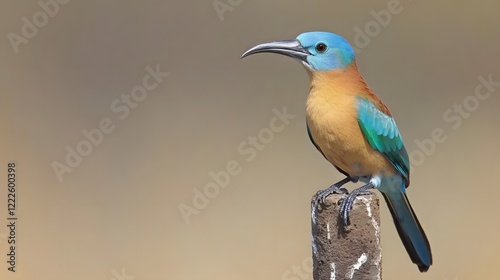Stunning Blue-crowned Motmot Bird Perched on Post photo