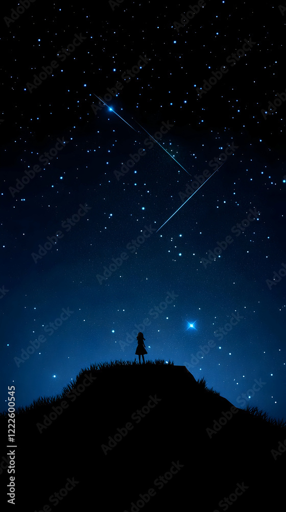 Silhouetted Child Gazes at Shooting Stars Across a Starry Night Sky from Hilltop Silhouetted Child Gazes at Shooting Stars Across a Starry Night Sky from Hilltop