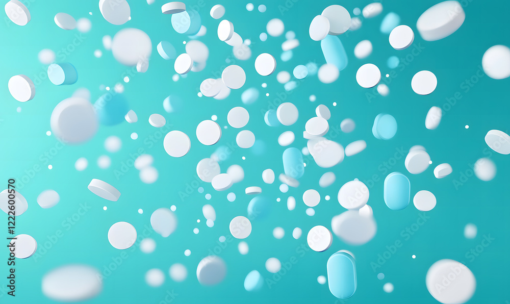 Floating White and Blue Pills on a Soft Blue Background Floating White and Blue Pills on a Soft Blue Background