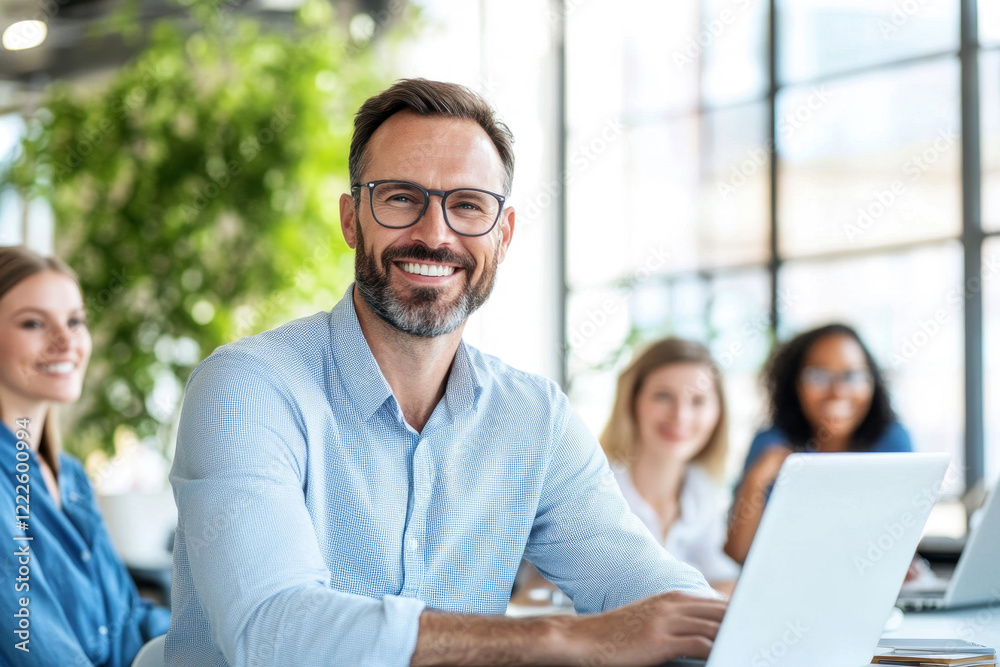 Portrait of a confident businessman smiling during a team meeting Portrait of a confident businessman smiling during a team meeting