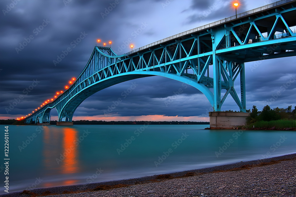 Illuminated Bridge Spans Calm Water Under Moody Sunset Sky, a Picturesque Scene. Illuminated Bridge Spans Calm Water Under Moody Sunset Sky, a Picturesque Scene.