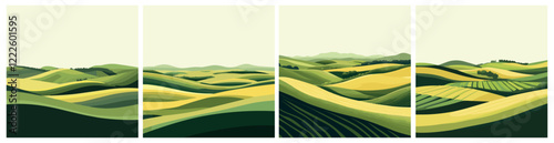 Green and yellow tone landscape of farmland square posters set. Environment abstract backgrounds. Idyllic hill modern pattern springtime tranquility wall art. Cartoon style vector illustration