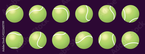 Green tennis ball set. Different angles view. Sport game equipment. Play fitness championship athletic health exercise tool. Competition icon symbol. Cartoon style isolated vector clipart collection