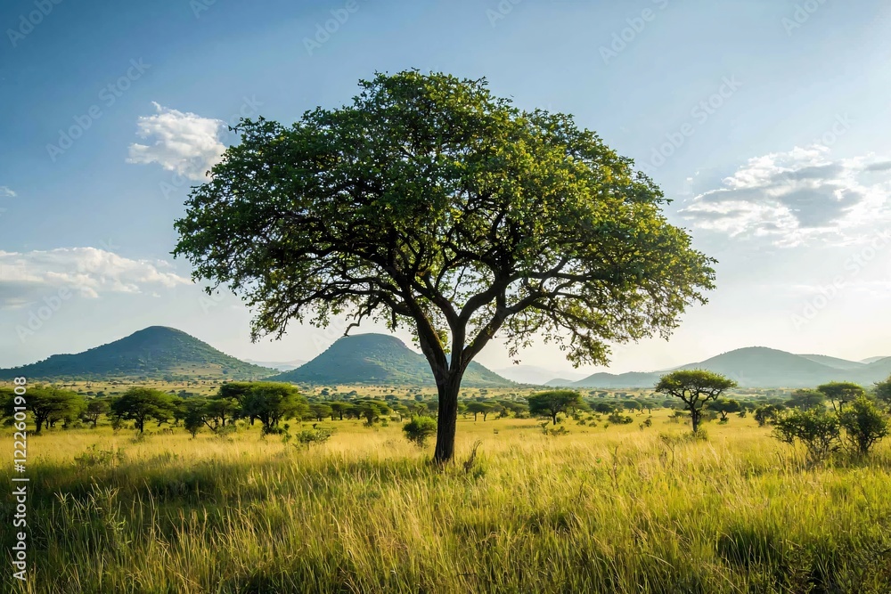 Majestic acacia tree standing alone in a vast savannah landscape with distant mountains under a blue sky