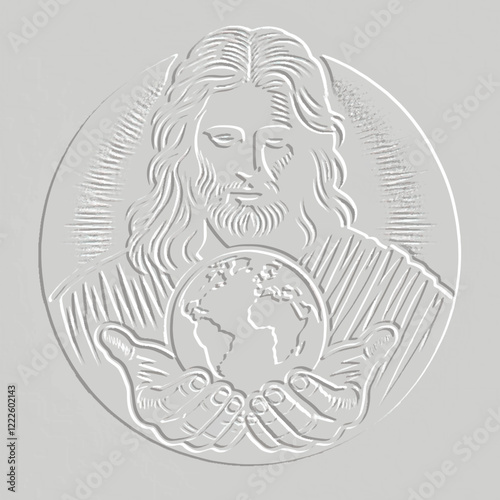 Vector embossed 3d silhouette of Jesus Christ holding the Earth in his hands. Textured relief surface white background with emboss Jesus Christ and circle frame. Ornate dessign.