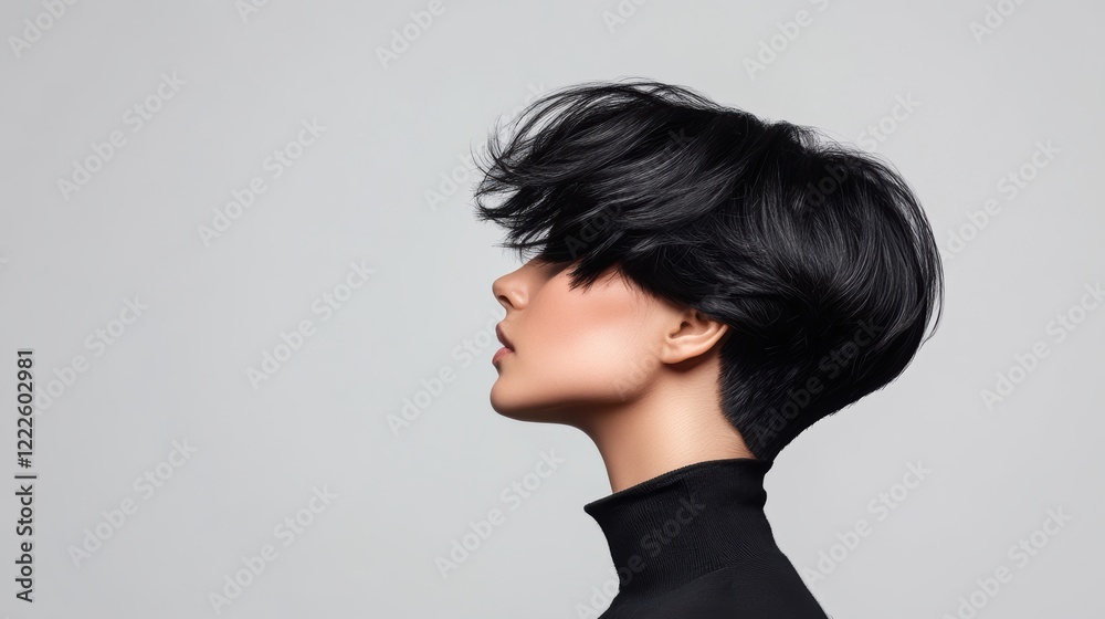 Profile of a Woman Showcasing a Modern, Chic, and Textured Short Black Haircut, a Stylish and Artistic Hair Design Profile of a Woman Showcasing a Modern, Chic, and Textured Short Black Haircut, a Stylish and Artistic Hair Design