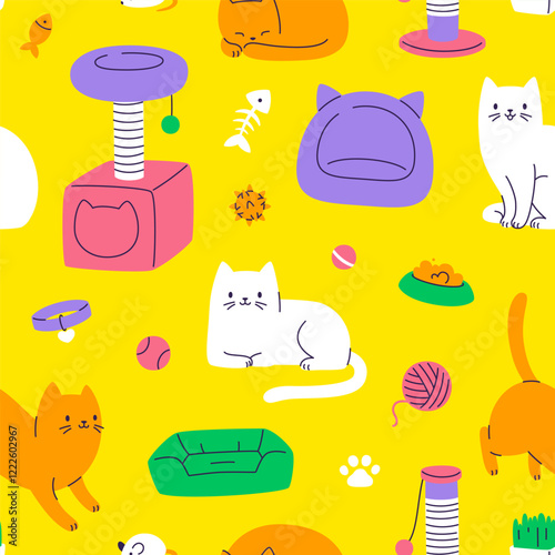 Cartoon pattern with cute cats ans grooming supplies. Seamless vector print with cat accessories.