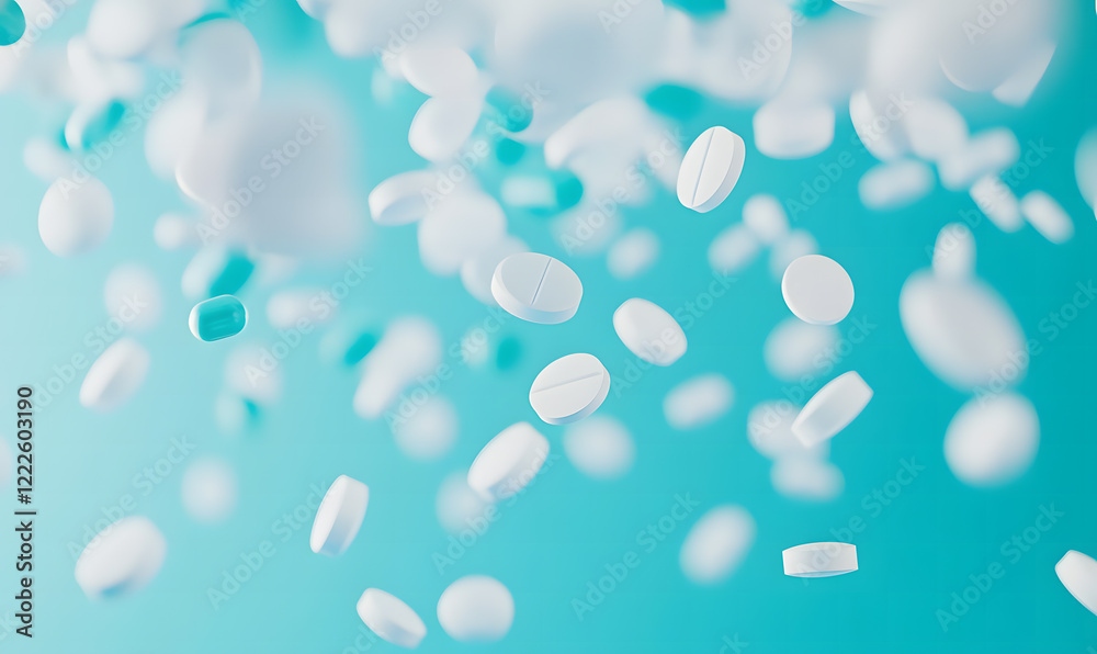 Floating White and Blue Pills on a Soft Blue Background Floating White and Blue Pills on a Soft Blue Background