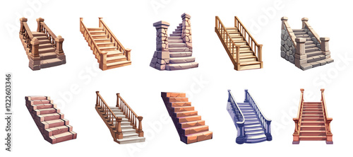 Old medieval stairs set. Stone wooden Game castle staircase steps. Front view. Marble step treads and rock risers. Cartoon style isolated vector clipart collection