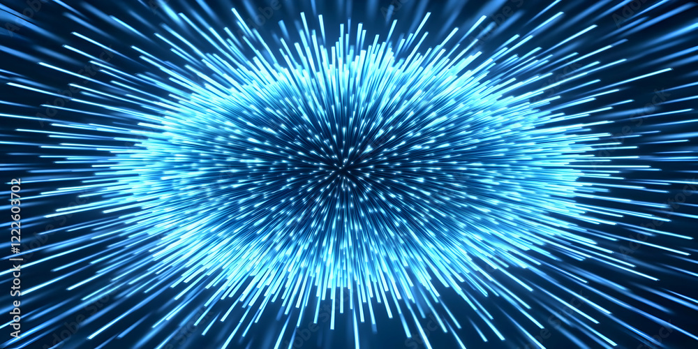 Obraz premium Abstract Blue Sphere Emits Radiant Light Beams Dynamically in a Dark Background