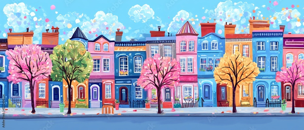Vibrant Cartoon Row Houses and Trees - Cheerful and Colorful Illustration Vibrant Cartoon Row Houses and Trees - Cheerful and Colorful Illustration