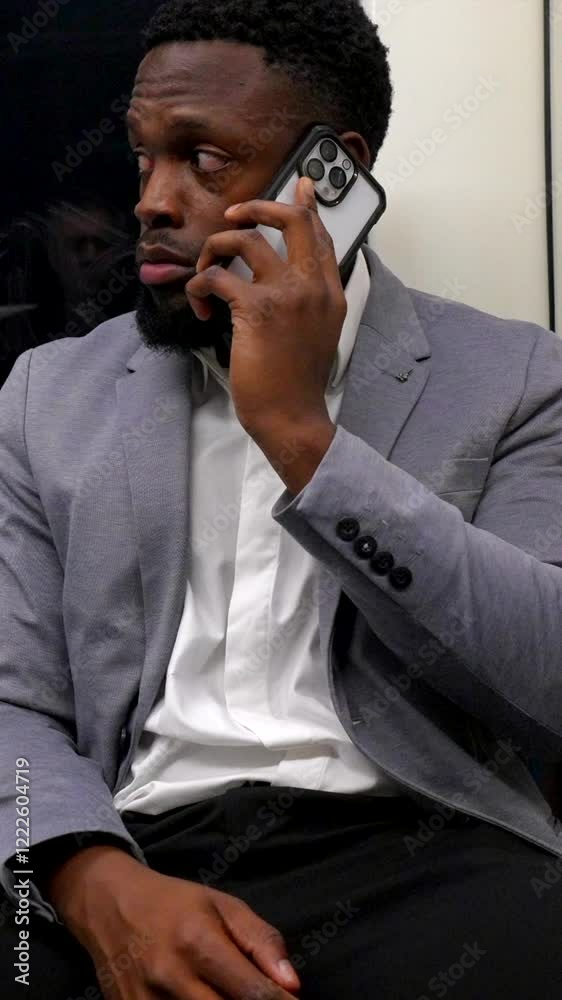 Businessman talking on smartphone during commute Businessman talking on smartphone during commute