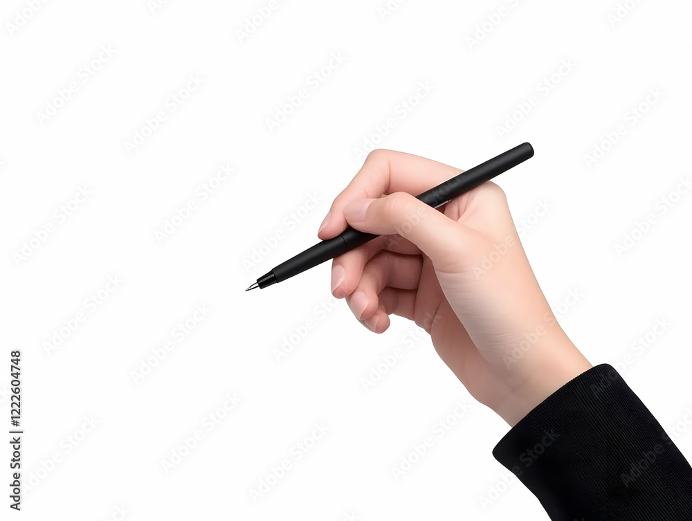 Hand Holds a Black Pen on a White Background, Ready to Write or Draw Hand Holds a Black Pen on a White Background, Ready to Write or Draw