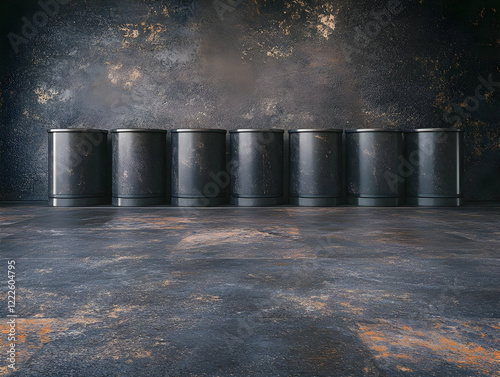 Seven Dark Cylinders Stand on a Textured Floor Against a Grunge Wall photo