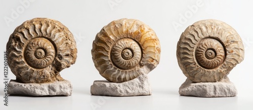 Fossilized ammonite trio displayed on light stone bases featuring beige and brown hues with spiral patterns against a white background. photo