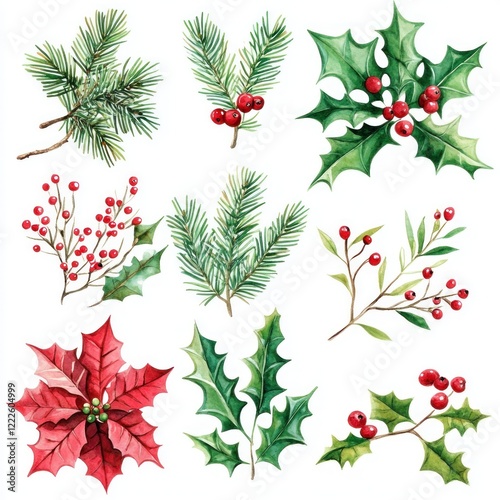 Watercolor Christmas plants; holly, pine, poinsettia; holiday design