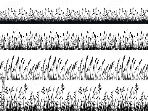 Reed silhouette seamless borders set. Abstract aquatic grass lawn plant. Black and white simple flat style. Nature shapes. Horizontal meadow growth botanical flora spring yard garden. Isolated vector