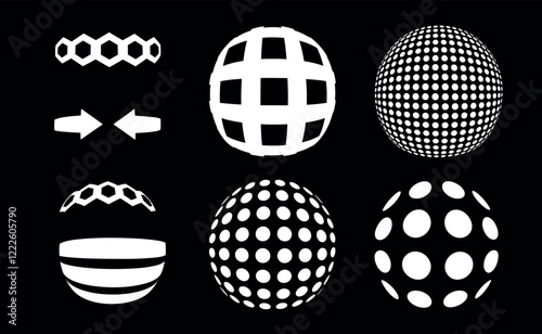 Modern and abstract vector icon set featuring three-dimensional spheres representing technology, science, and innovation. Virtual reality, with smooth gradients, spotted textures, and twisted shapes