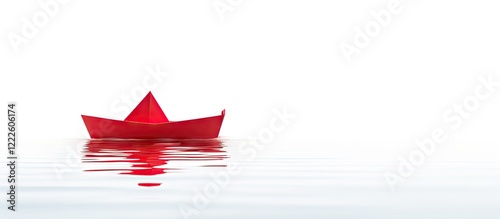 Red paper origami boat on calm water reflecting on a white background emphasizing tranquility and creativity with a minimalist design photo