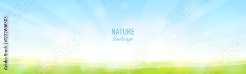 Natural background. Green hills and blue sky. Spring background with bokeh effect. Wide banner with space for text. Vector illustration.