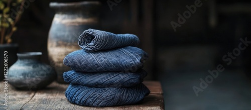 Close up of stacked dark blue denim jeans on a wooden table highlighting texture and style with soft natural lighting and rustic background tones photo