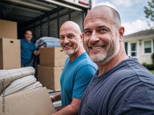 Smiling men loading moving truck outside house. photo