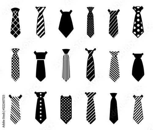 Tie icons silhouette set. Variouse shapes and patterns. pinstripe dotted striped plain black. Smart dress cloth formal wear accessory symbol. Black and white simple flat style. Isolated vector on