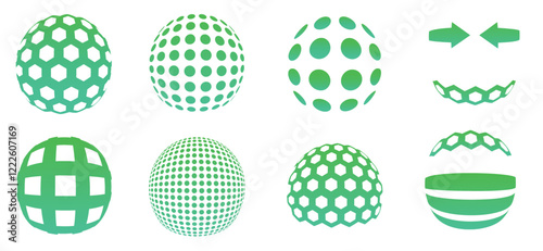 Modern and abstract vector icon set featuring three-dimensional spheres representing technology, science, and innovation. Virtual reality, with smooth gradients, spotted textures, and twisted shapes