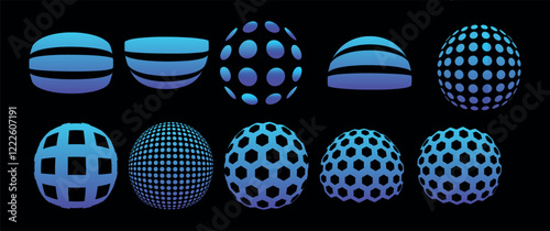 Modern and abstract vector icon set featuring three-dimensional spheres representing technology, science, and innovation. Virtual reality, with smooth gradients, spotted textures, and twisted shapes